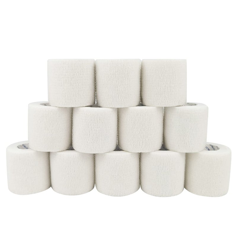 COMOmed Self Adherent Cohesive Bandage 2x5 Yards First Aid Bandages Stretch Sport Athletic Wrap Vet Tape for Wrist Ankle Sprain and SwellingWhite12 Rolls